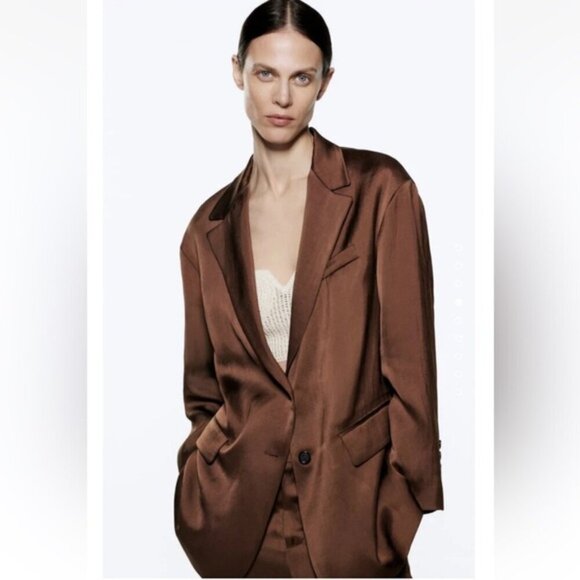 ZARA Brown Satin Linen Blazer size L - Picture 2 of 16
